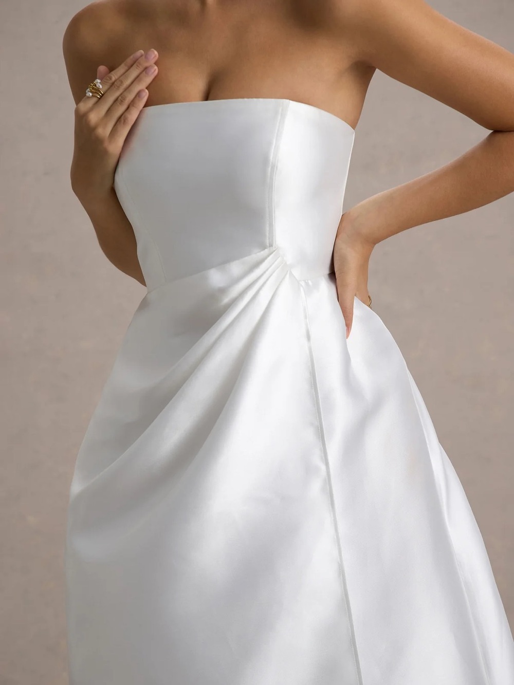 Strapless White Satin Formal Dress with Draped Waist - Picture 1 of 3